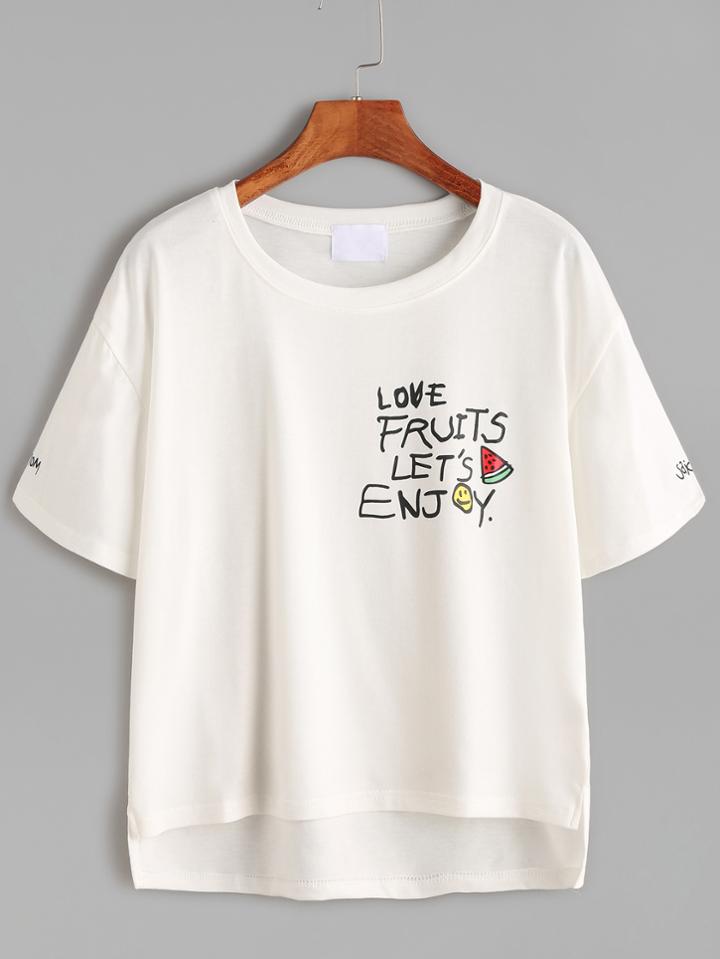 Shein Beige Slogan Print High Low T-shirt
