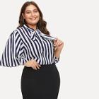 Shein Plus Bell Sleeve Tied Neck Striped Blouse