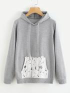 Shein Heather Knit Hoodie With Contrast Lace Pocket