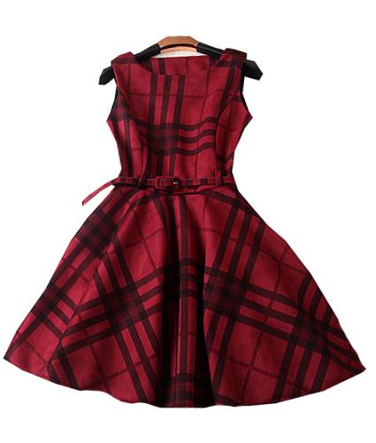 Shein Burgundy Checkered Boat Neck Belted Skater Dress