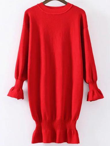 Shein Red Ruffle Detail Ribbed Trim Knit Dress
