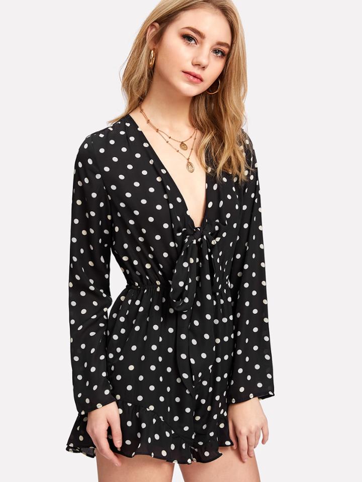 Shein Bow Tie V Neck Polka Dot Romper