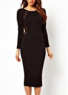 Rosewe Chic Round Neck Long Sleeve Solid Black Bodycon Dress