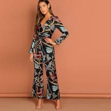 Shein Waist Knot Chain Print V-neck Jumpsuit