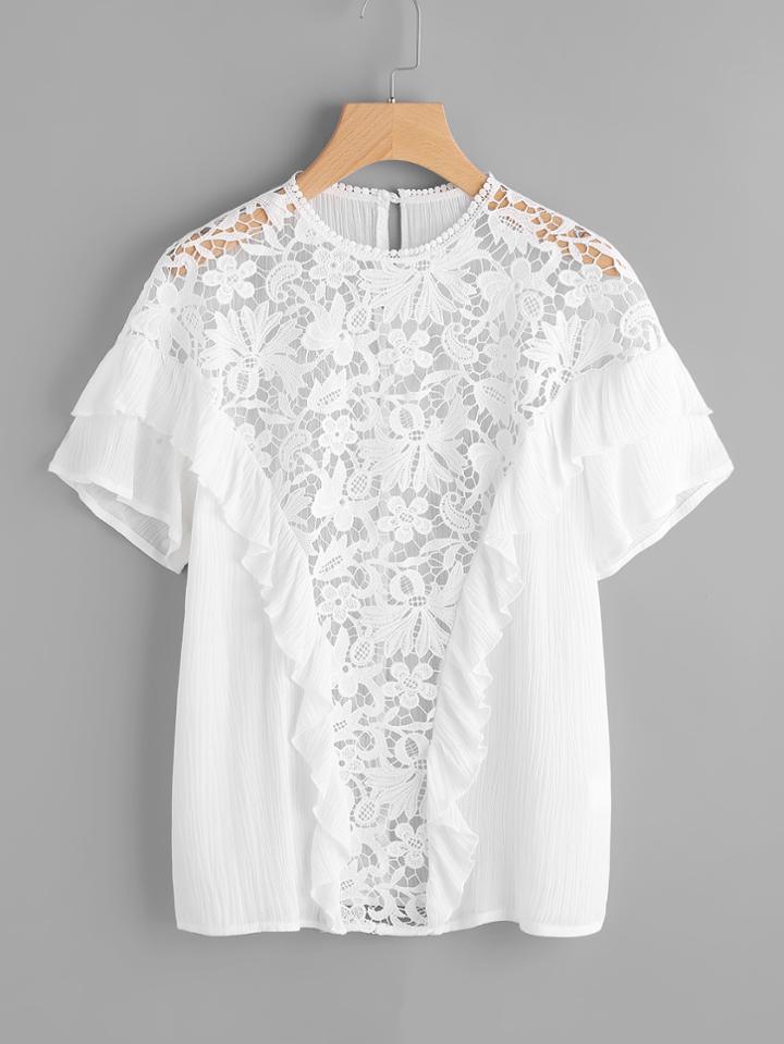 Shein Floral Lace Insert Ruffle Detail Blouse