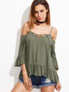 Shein Army Green Cold Shoulder Lace Up Ruffle Top