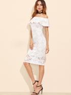 Shein White Floral Lace Overlay Off The Shoulder Ruffle Dress