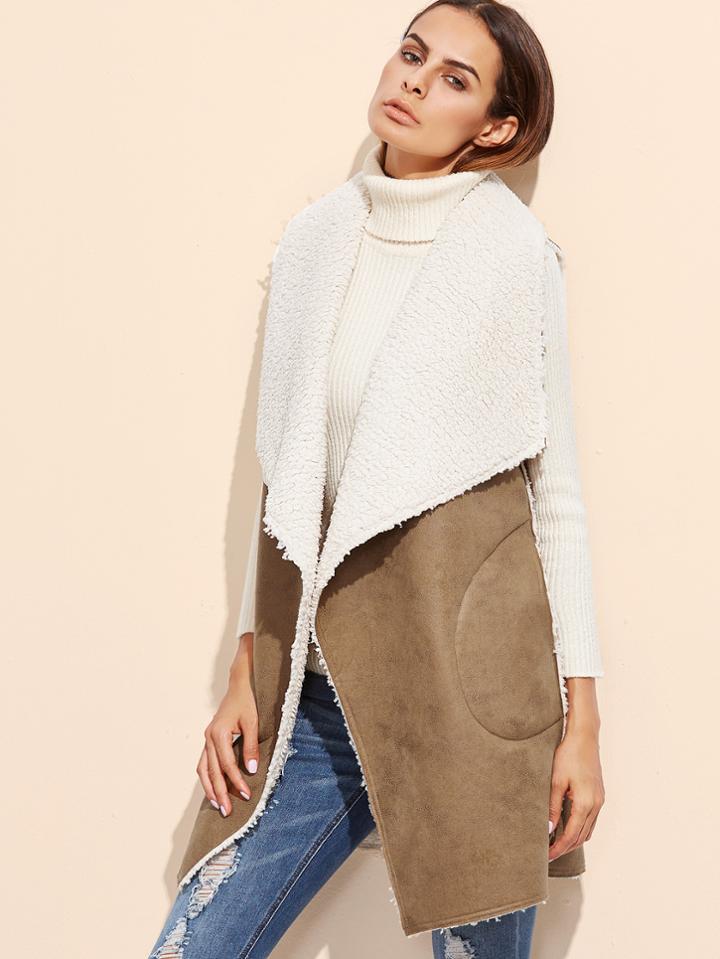 Shein Camel Oversized Drape Collar Faux Shearling Vest