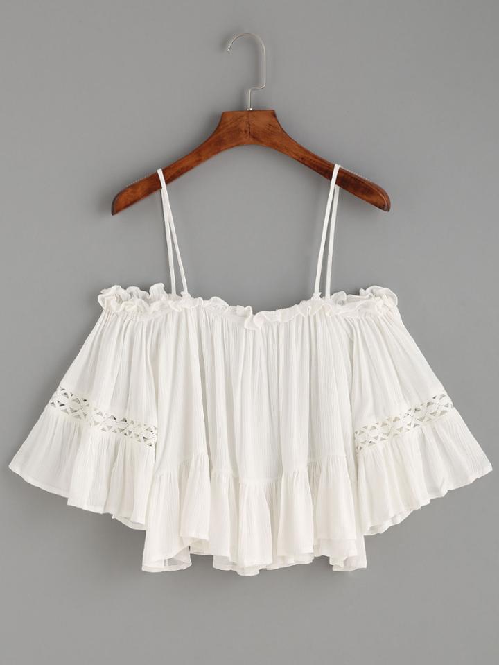 Shein White Crochet Insert Cold Shoulder Ruffle Top