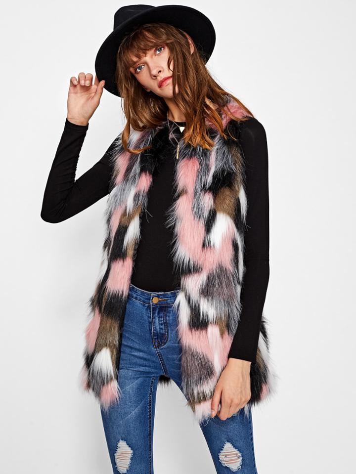 Shein Hidden Pocket Colorful Faux Fur Vest