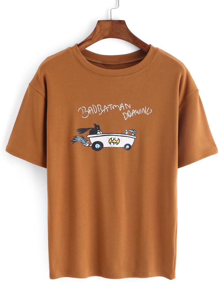 Shein Cartoon Print Khaki T-shirt
