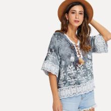 Shein Lace Up V Neck Floral Lace Applique Blouse