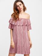 Shein Pink Ruffle Off The Shoulder Pleated Velvet Dress