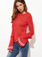 Shein Red Frill Trim Striped Bell Sleeve Sweater