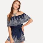 Shein Eyelet Embroidered Belted Flounce Bardot Romper