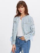 Shein Grommet Lace Up Sleeve Frayed Tweed Blazer