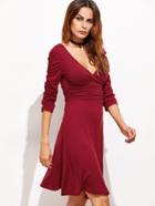 Shein Burgundy Deep V Neck Shirred Sleeve Ruched Dress