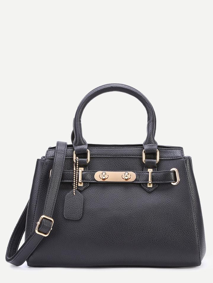 Shein Black Pebbled Pu Handbag With Strap