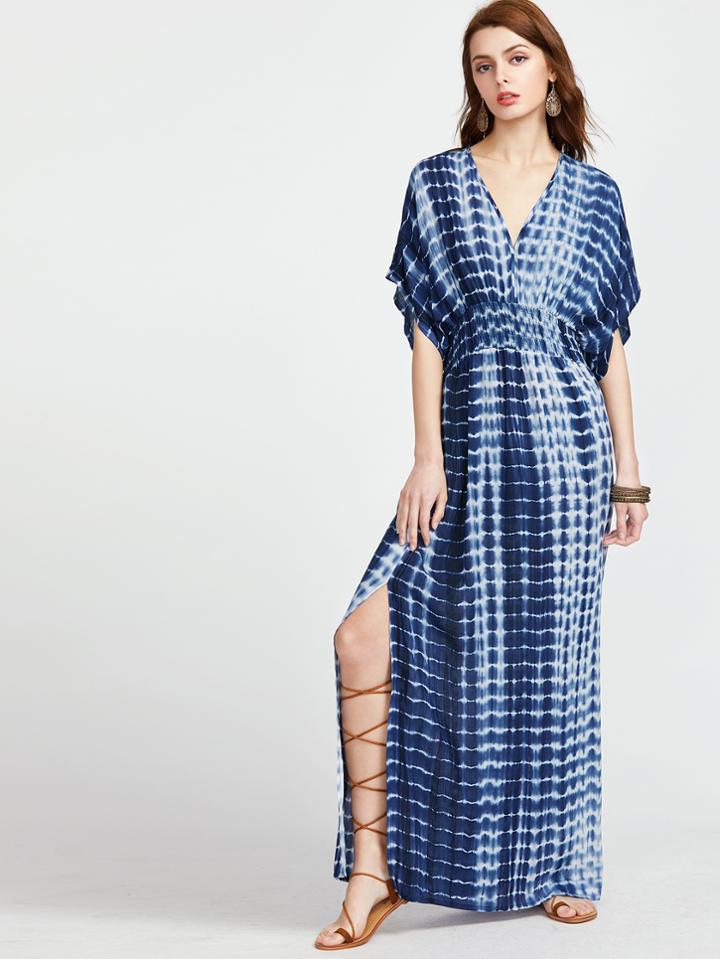 Shein Tie Dye Print Double V Neck Slit Kimono Dress