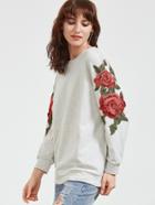 Shein Heather Grey Embroidered Rose Applique Sweatshirt