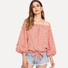 Shein Gathered Sleeve Knot Hem Gingham Bardot Top