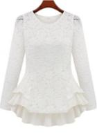 Rosewe White Lace Pattern Shirred Waist White T Shirts With Layered Frill