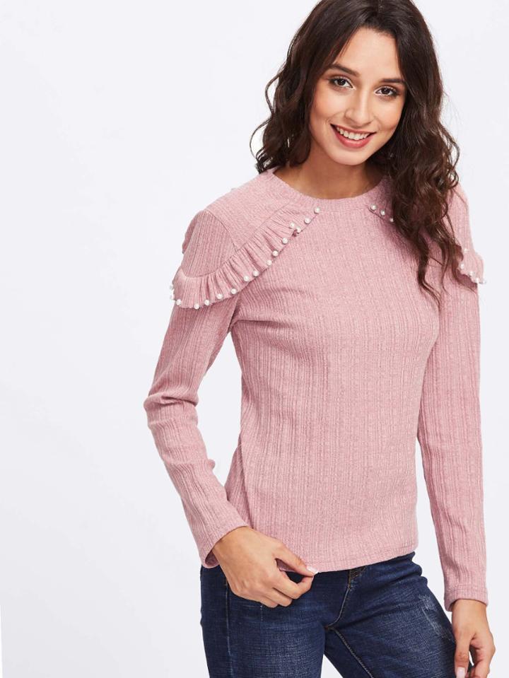 Shein Pearl Beading Frill Trim T-shirt