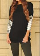 Rosewe Stripe Print Curved Black T Shirt