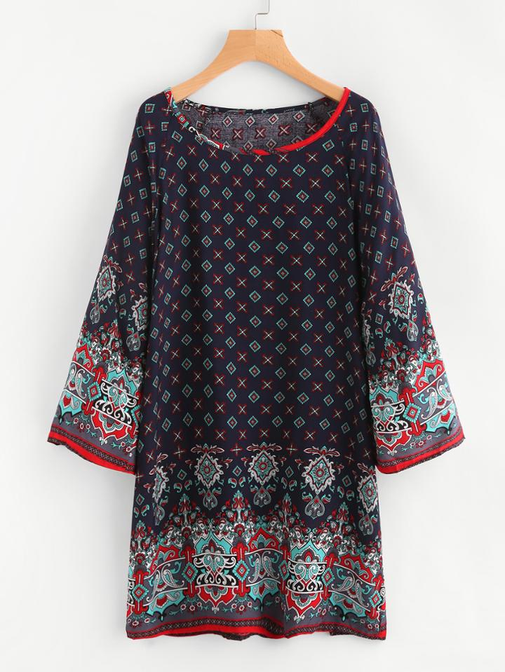 Shein Ornate Print Raglan Sleeve Dress