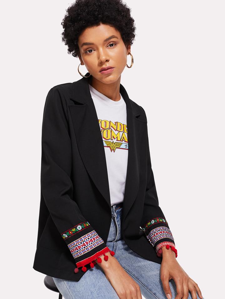 Shein Embroidered Tape Detail Pom Pom Blazer