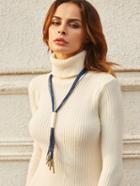 Shein Blue Faux Leather Tassel Metal Trim Sweater Necklace