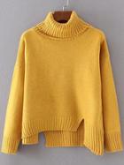 Shein Yellow Ribbed Trim Turtleneck Asymmetrical Sweater