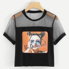 Shein Mesh Panel Figure Print Tee