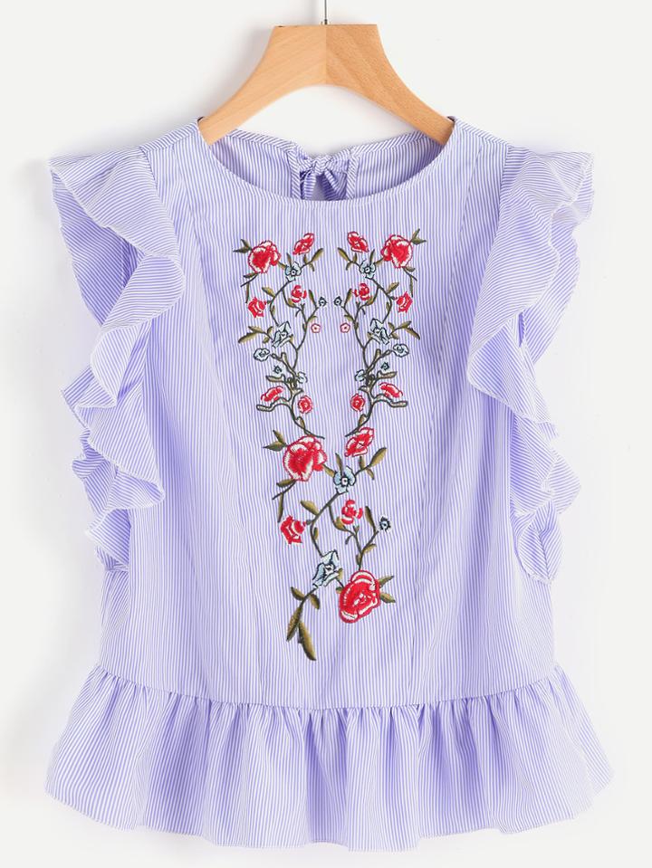 Shein Keyhole Tie Back Ruffle Detail Embroidered Striped Top