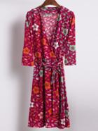Shein Red V Neck Printed Wrap Dress With Belt
