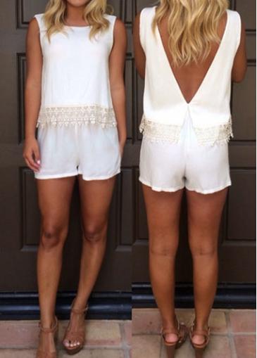Rosewe V Back Lace Hem White Romper