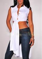 Rosewe White Turndown Collar Button Closure Sleeveless Blouse