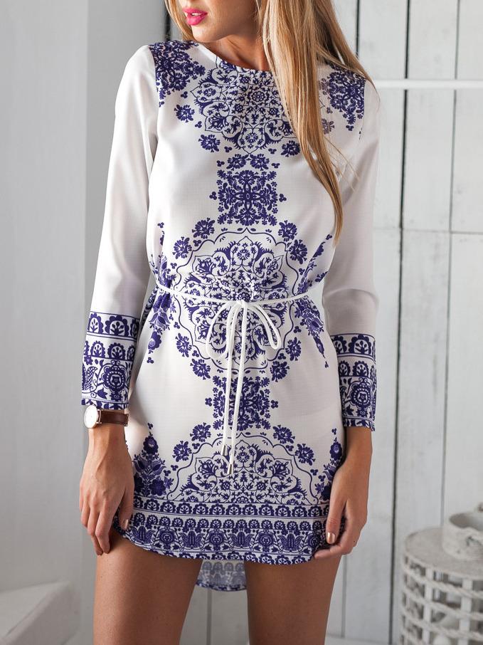 Shein Blue Chemise Long Sleeve With Belt Vintage Print Dress