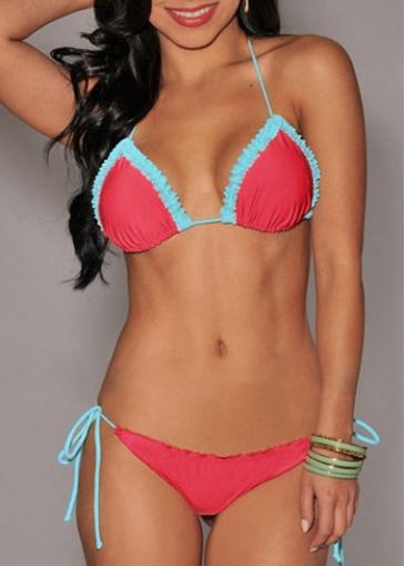Rosewe Halter Neck Ruffle Decorated Red Bikini