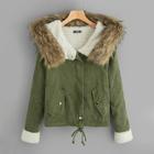 Shein Fleece Lined Corduroy Coat With Faux Fur Hood