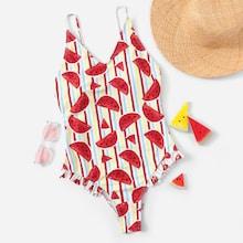 Shein Low Back Frill Trim Random Fruit Print Swimsuit