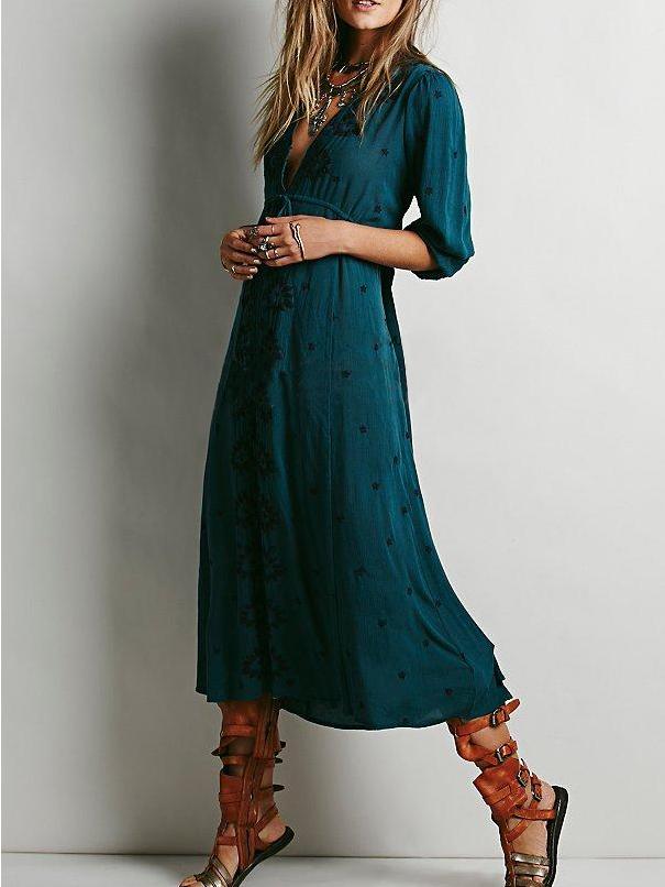 Shein Green Deep V Neck Embroidered Shift Dress