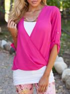 Shein Long Sleeve Chiffon Wrap Blouse With Rhinestone