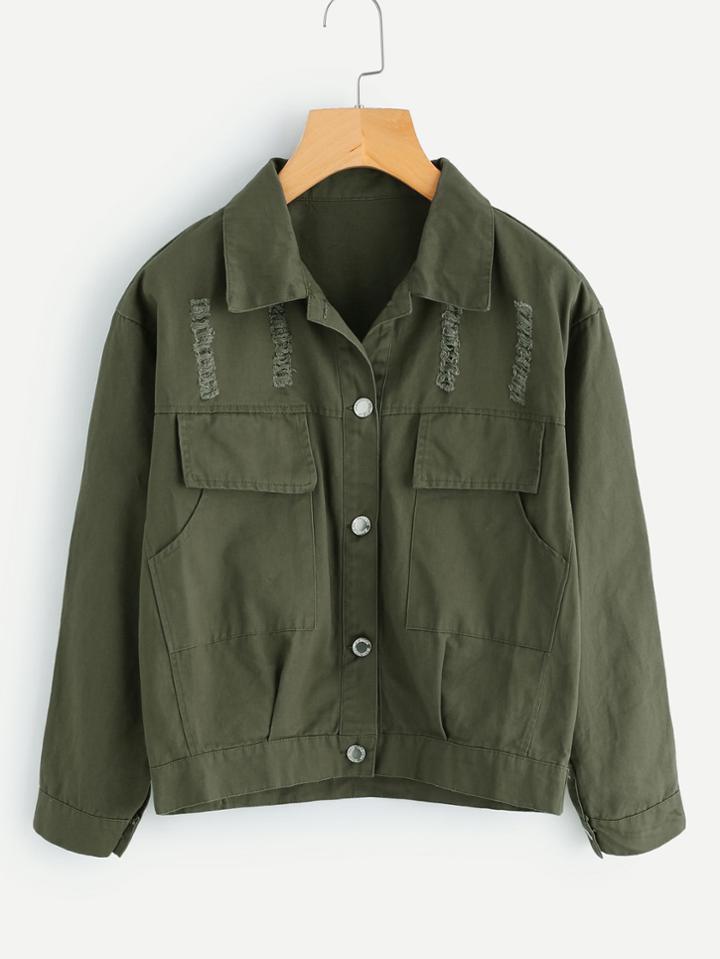 Shein Ripped Detail Single Breasted Pocket Jacket