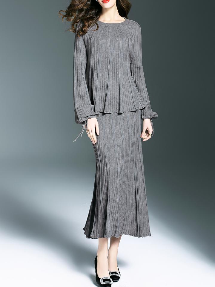 Shein Grey Knit Top With Pleated Skirt