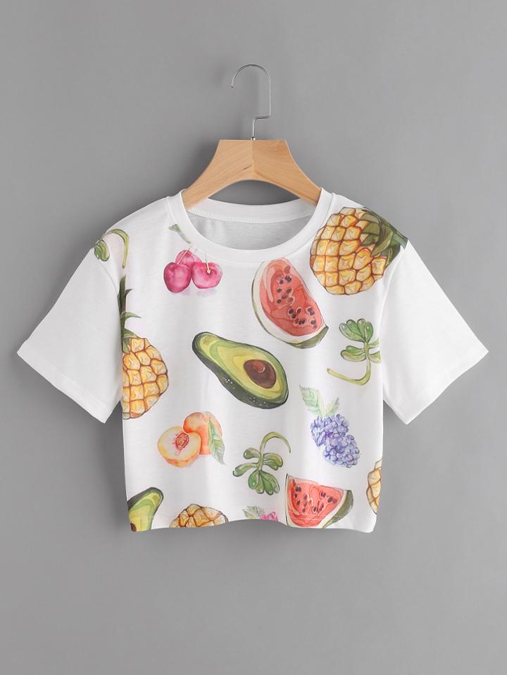 Shein Fruits Print Crop Tee
