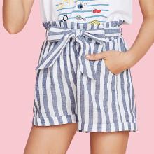 Shein Girls Self Tie Cuffed Hem Striped Shorts