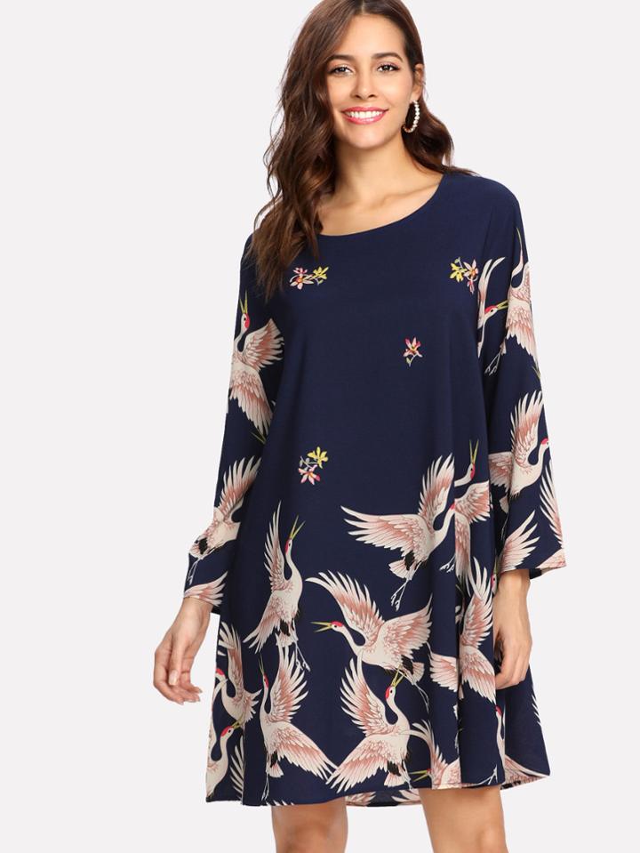 Shein Crane Bird Print Tunic Dress