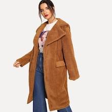 Shein Solid Longline Hooded Teddy Coat