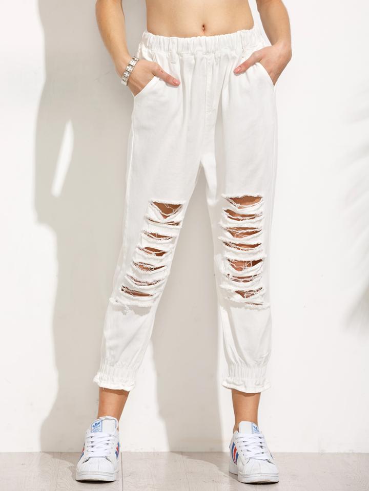Shein White Ripped Ruffle Elastic Hem Jeans